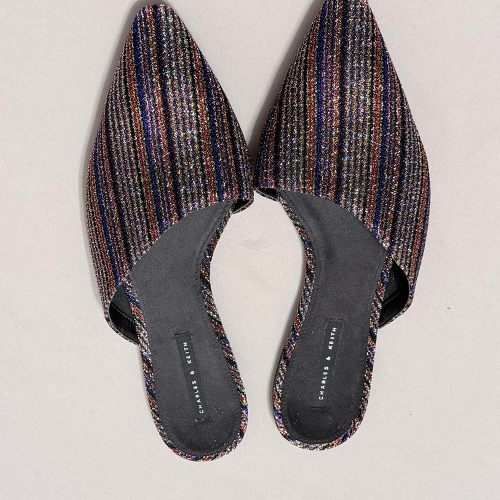 Charles & Keith Womens Multicolor Glitter Stripe Pointed Toe Flat Mules Size 40